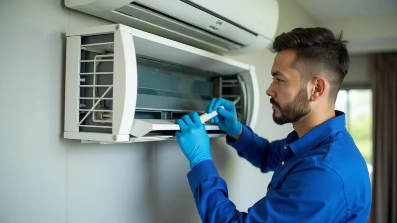 Teknisi AC profesional CV Anagata Multi Perdana sedang melakukan servis dan perbaikan AC dengan peralatan lengkap di Medan